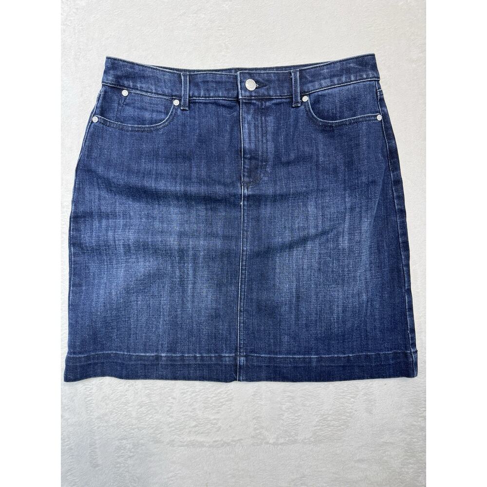 Talbots Stretch Blue Dark Wash A-Line Denim Skirt Zippered Pockets Size 8.